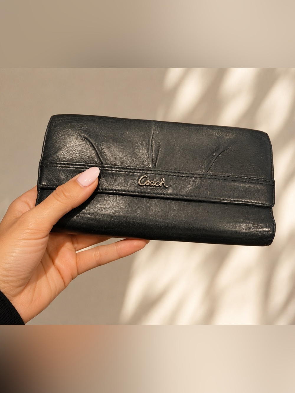 Coach Black Leather Trifold Wallet Checkbook Style